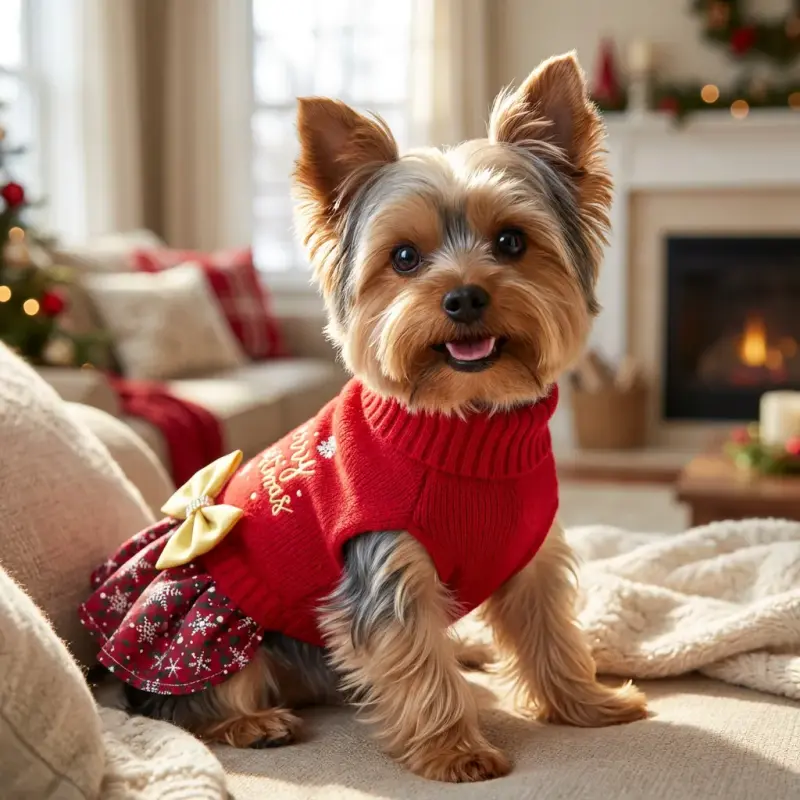 CuteBone Christmas Dog Sweater Dress Turtleneck Puppy Sweater with Bowtie Harness Hole Pullover Winter Dress for Small Dogs