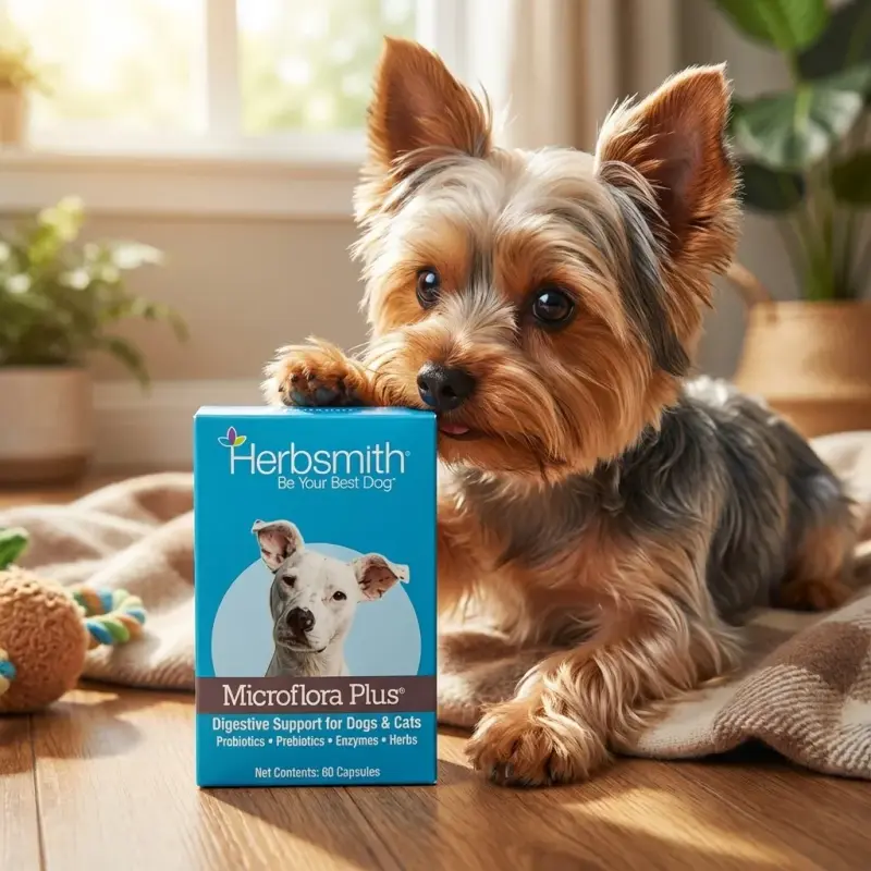 Herbsmith Microflora Plus – Dog Digestion Aid –Probiotics and Digestive Enzymes for Dogs – Prebiotic for Dogs – 60 Capsules