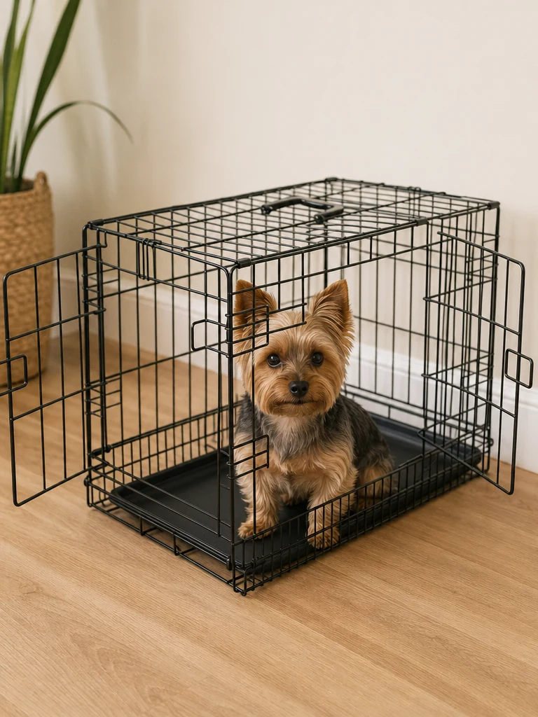 Sammy the Yorkshire Terrier with the Amazon Basics Durable Crate for Yorkies