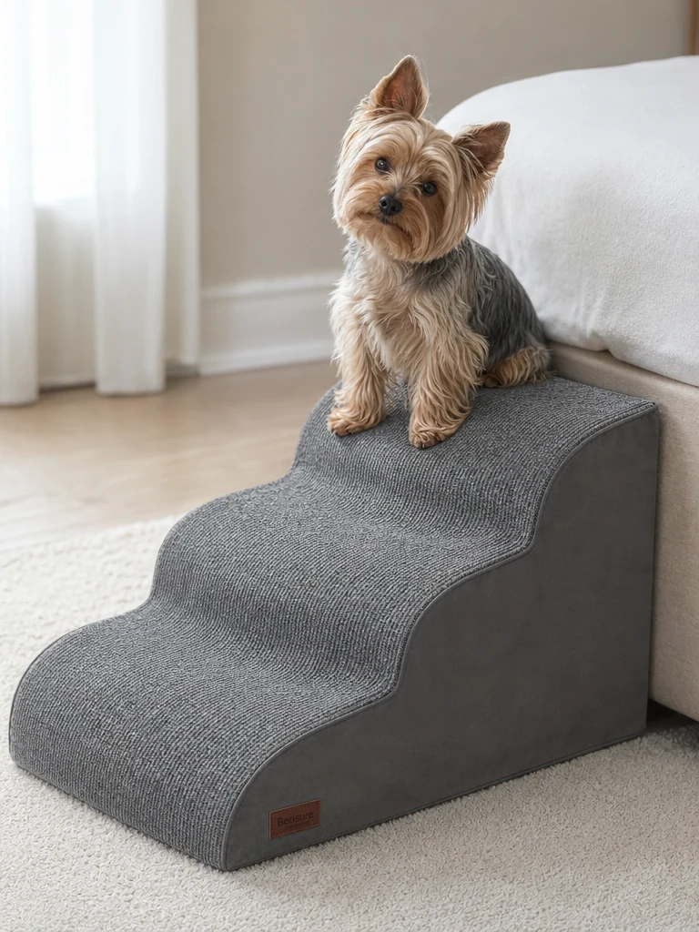 Sammy the Yorkshire Terrier with the Aodisman Non-Slip 3-Step Dog Ramp (15.7"H)