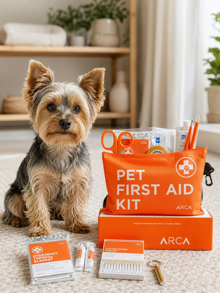Sammy the Yorkshire Terrier with the ARCA PET Reflective Water-Resistant First Aid Kit