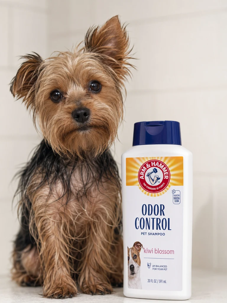 Sammy with the Arm & Hammer Deodorizing Shampoo for Yorkies