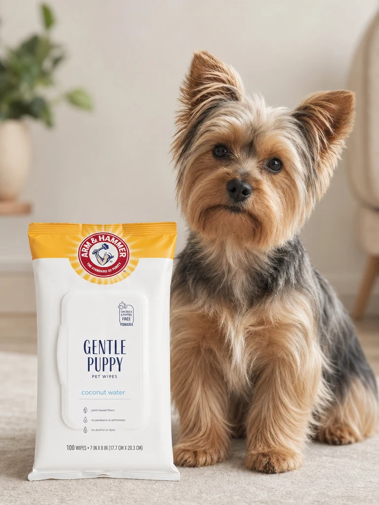 Sammy with the Arm & Hammer Grooming Wipes for Yorkies