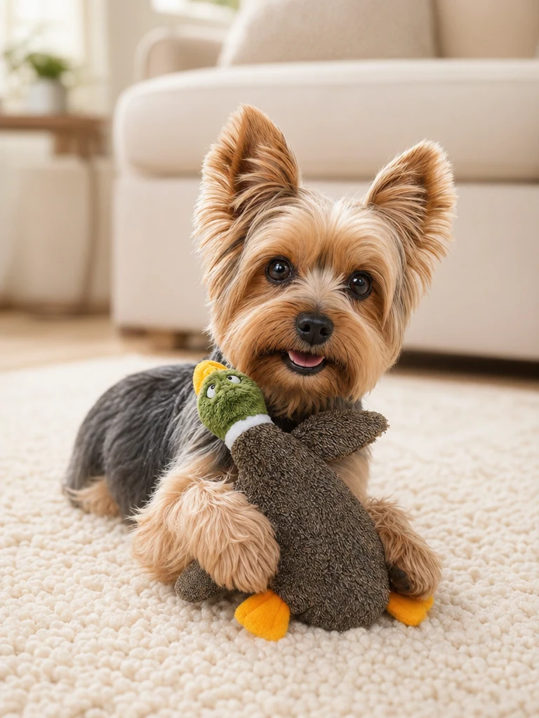 Sammy the Yorkshire Terrier with the Squeaky Interactive Yorkie Squeaky Toy