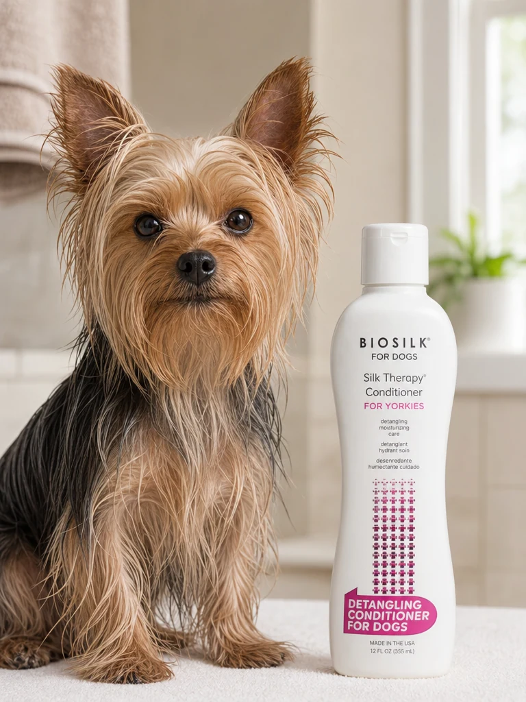 Sammy with the BioSilk Conditioner for Yorkies