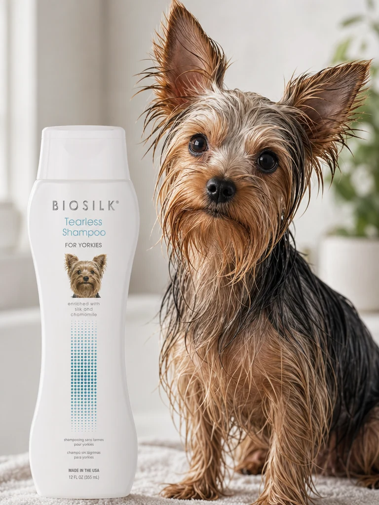 Sammy with the BioSilk Tearless Shampoo for Yorkies