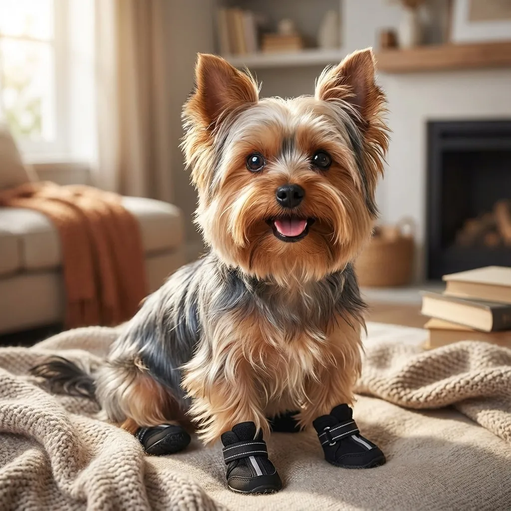 Sammy with the Reflective Yorkie Boots