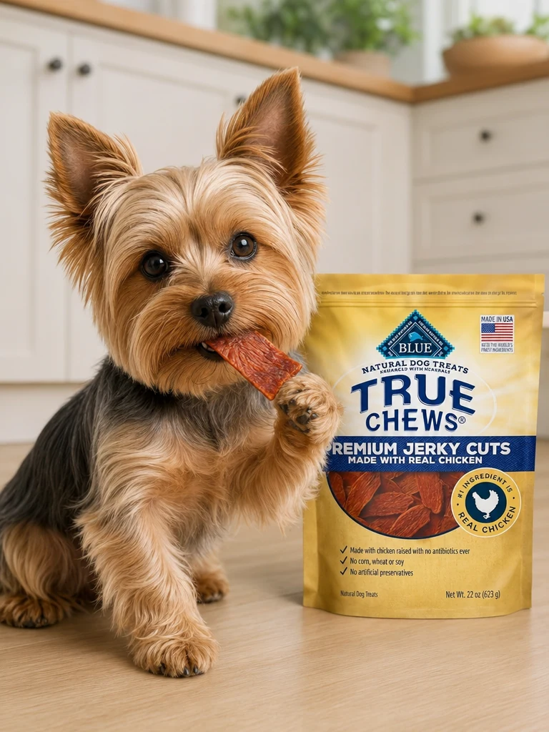 Sammy with the Blue Buffalo Premium Product for Yorkies
