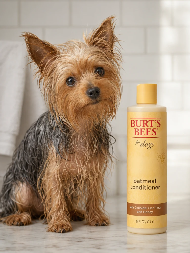 Sammy with the Burt's Bees Conditioner for Yorkies