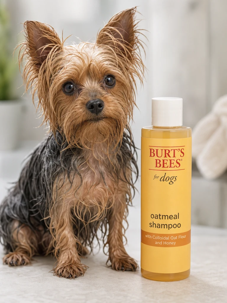 Sammy the Yorkshire Terrier with the Burt's Bees Shampoo for Yorkies