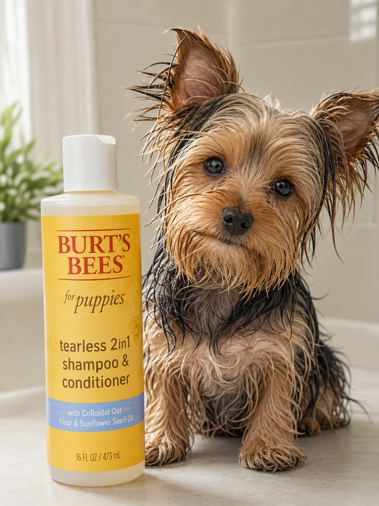 Sammy the Yorkshire Terrier with the Burt's Bees Tearless Shampoo for Yorkies