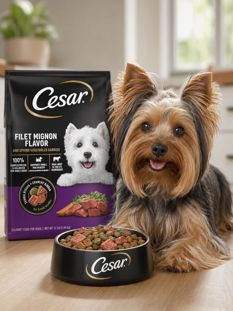 Sammy the Yorkshire Terrier with the Cesar Product for Yorkies