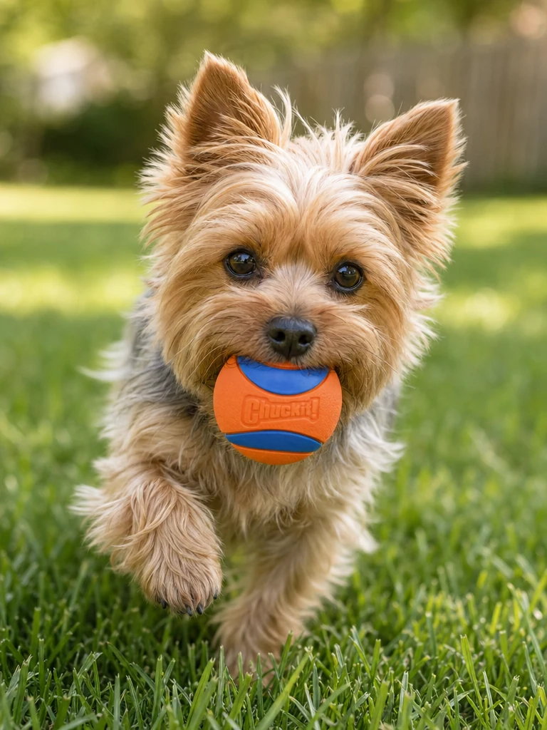 Sammy the Yorkshire Terrier with the Chuckit! Squeaky Fetch Ball for Yorkies (3-Pack)