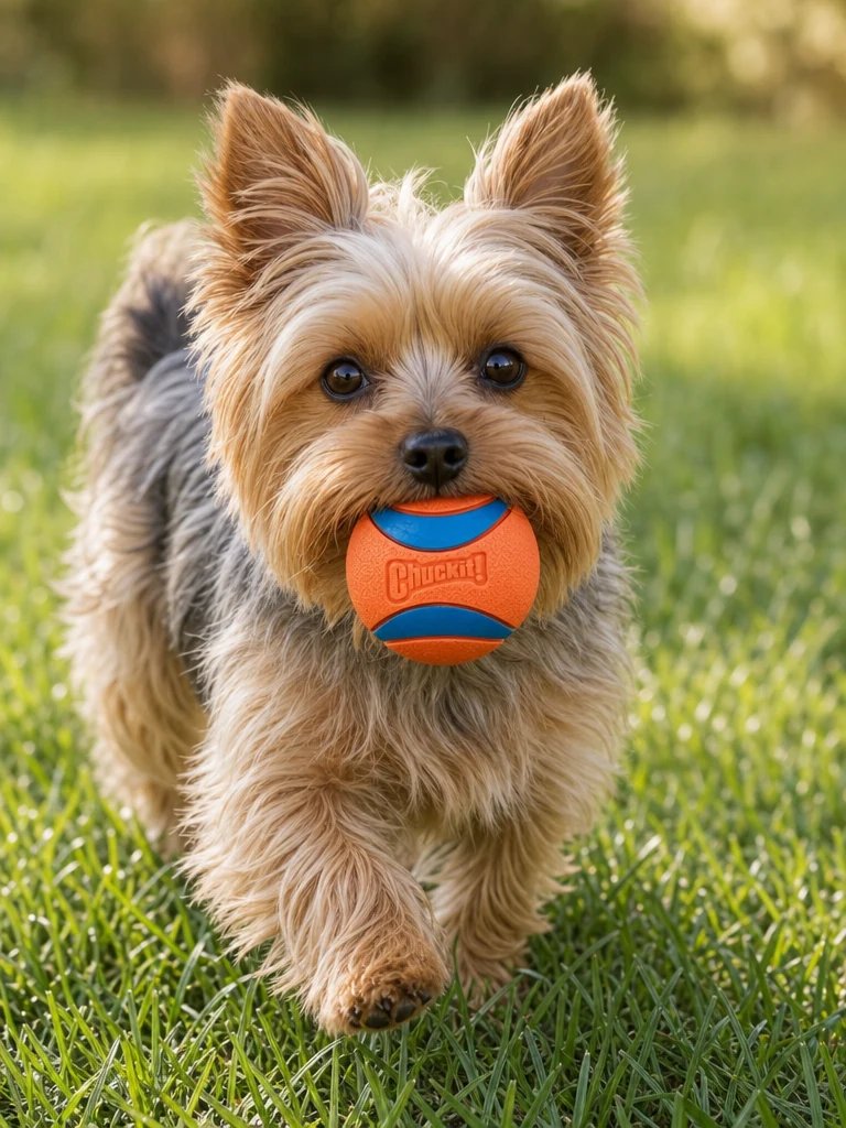 Sammy the Yorkshire Terrier with the Chuckit! Ultra Tug Ball Fetch Toy (Medium)