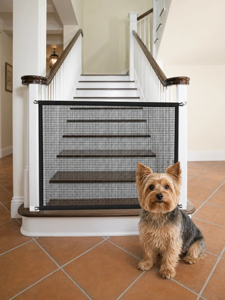 Sammy with the Cupount Mesh Gate for Stairs (29" x 38")