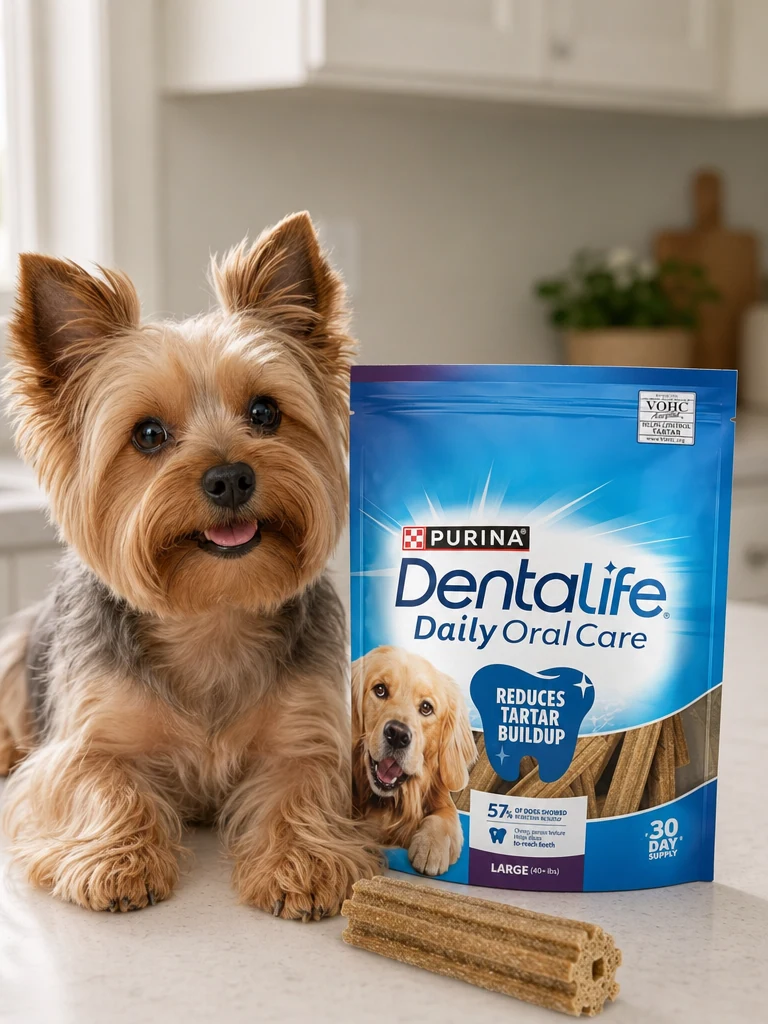 Sammy with the DentaLife Chew Toy for Yorkies