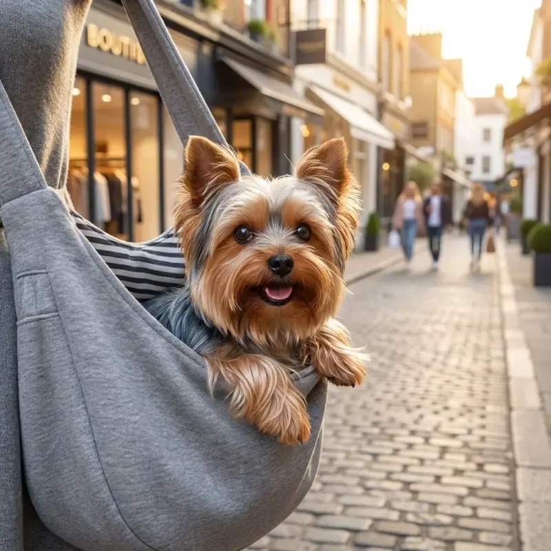 Sammy with the ARZQUT Reversible Dog Sling Carrier (Gray)