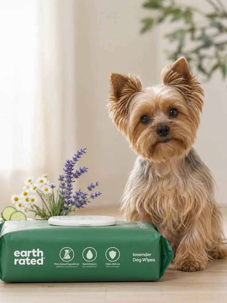 Sammy the Yorkshire Terrier with the Earth Rated Hypoallergenic Wipes, Lavender (100-ct)