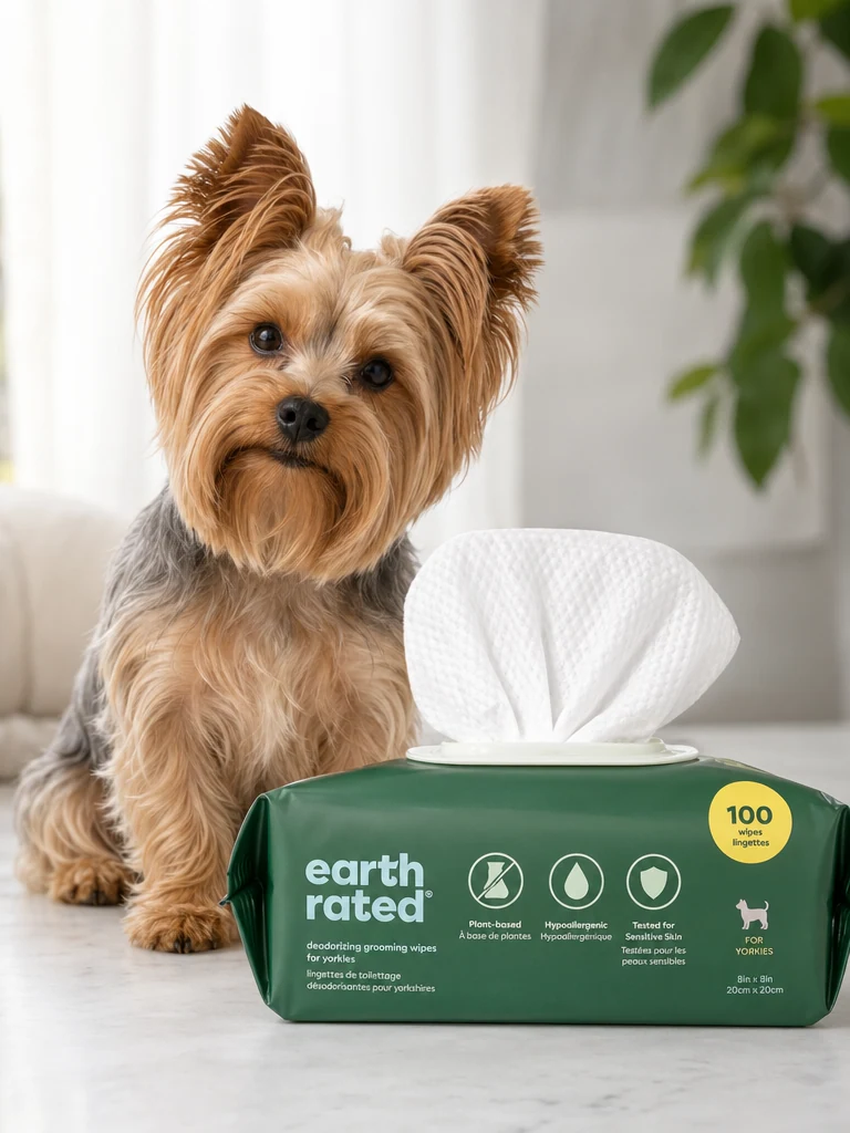 Sammy the Yorkshire Terrier with the Earth Rated Deodorizing Grooming Wipes for Yorkies