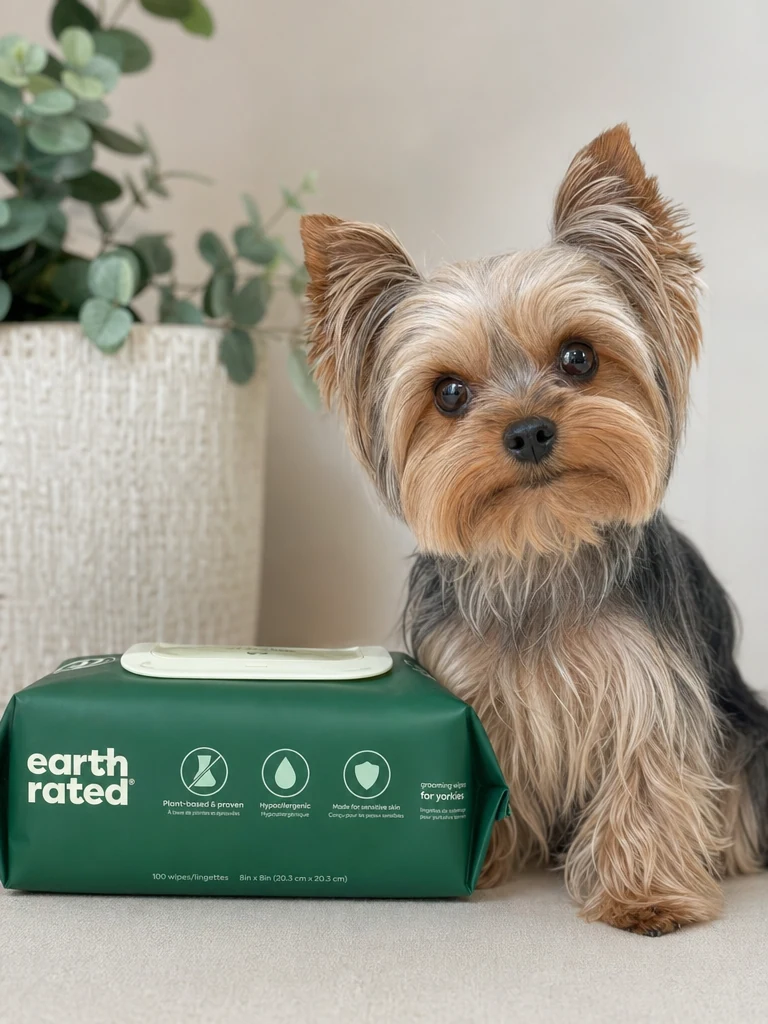 Sammy the Yorkshire Terrier with the Earth Rated Hypoallergenic Wipes (100-ct)