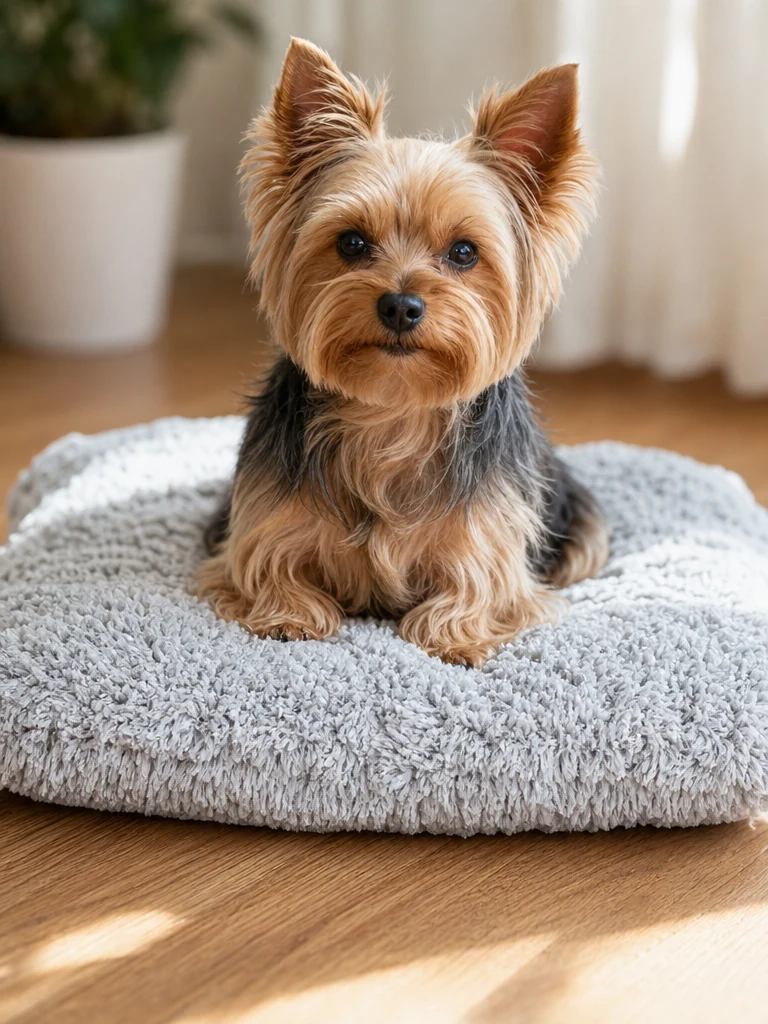 Sammy the Yorkshire Terrier with the EHEYCIGA Faux Fur Calming Crate Mat (XL)