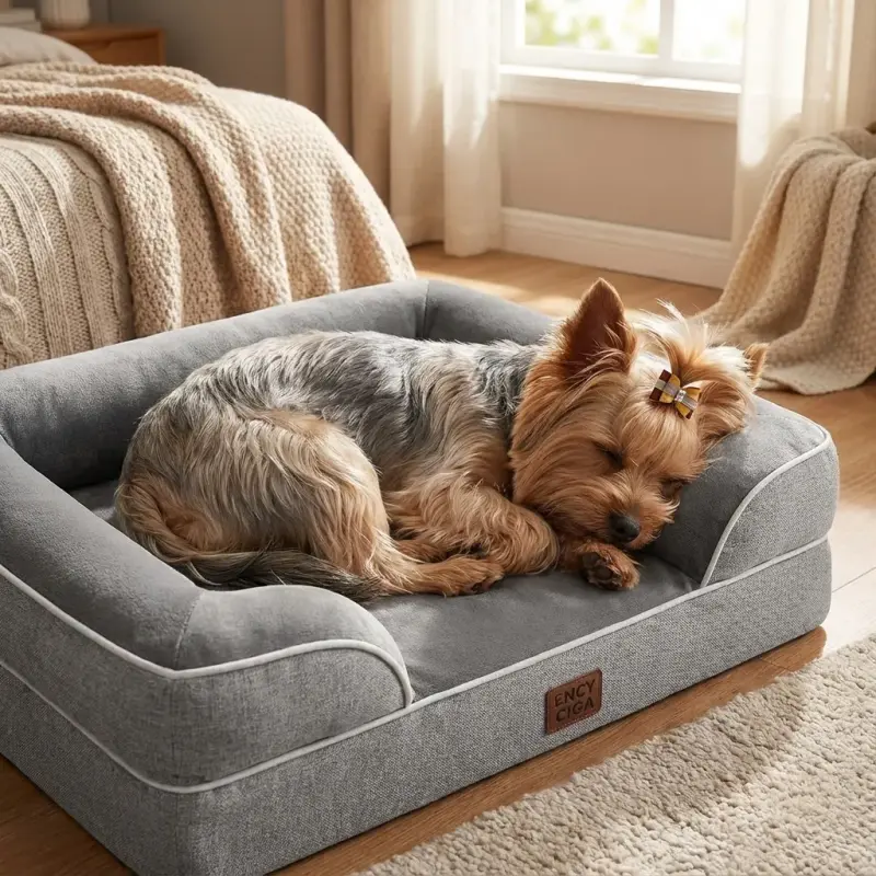 Sammy with the Waterproof Memory Foam Yorkie Dog Bed