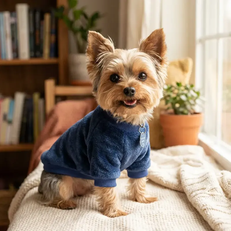 Sammy the Yorkshire Terrier with the FabriCastle Soft Warm Pet Jackets (3-Pack)