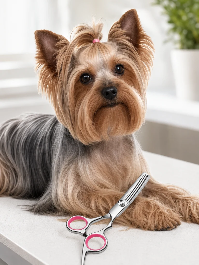 Sammy the Yorkshire Terrier with the FAIGEO Grooming Scissors Kit, Round Tips (4-in-1)