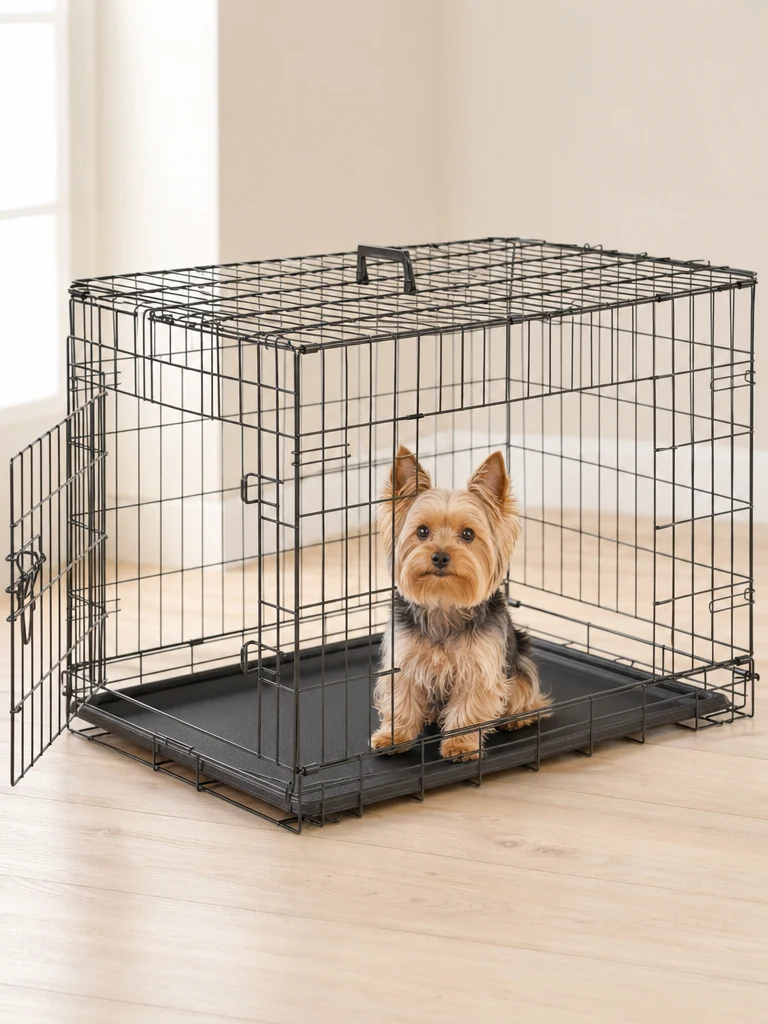 Sammy with the FDW 24" Double Door Folding Wire Crate