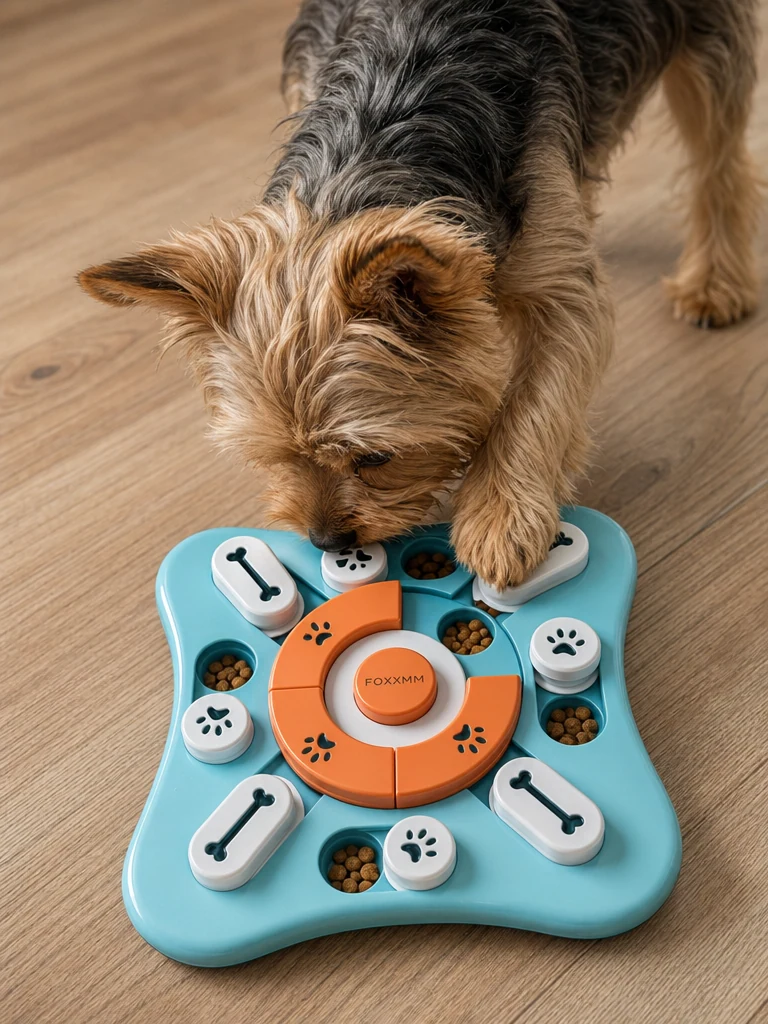 Sammy the Yorkshire Terrier with the FOXMM Squeaky Treat Puzzle Slow Feeder