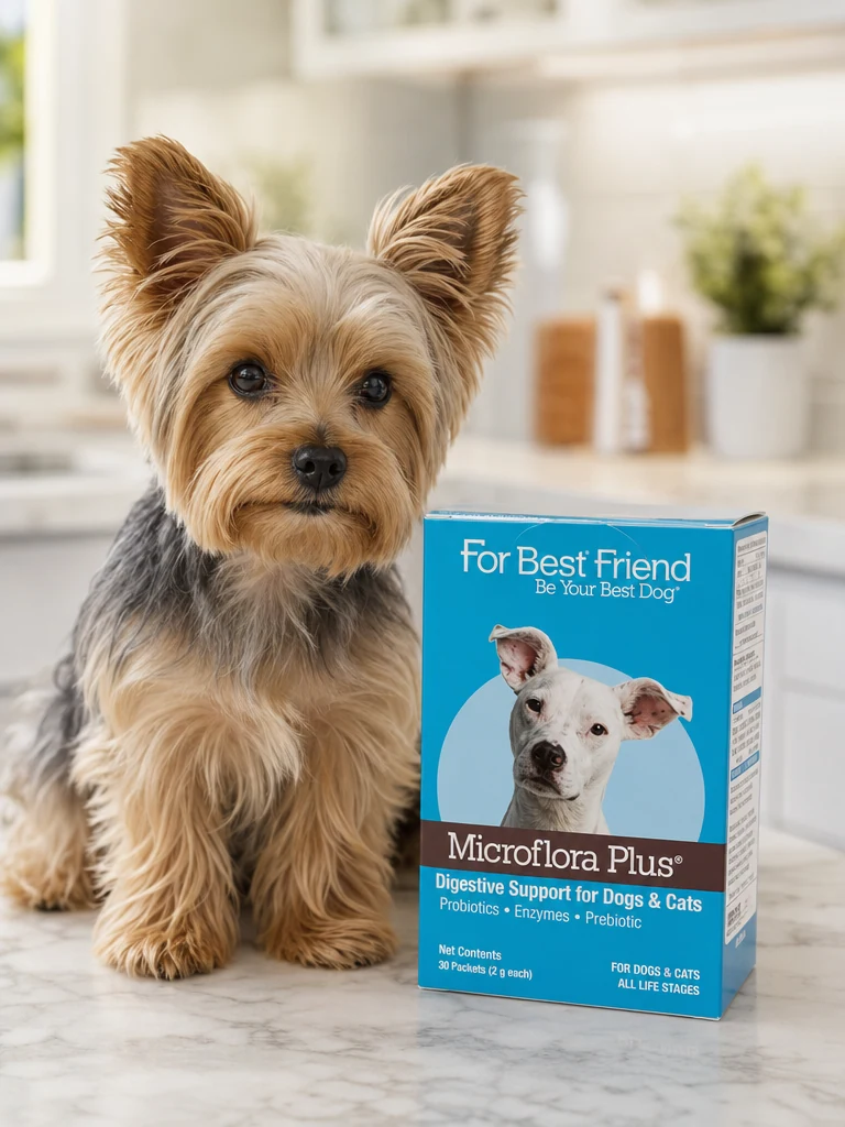 Sammy the Yorkshire Terrier with the Herbsmith Microflora Plus Probiotics (60 Caps)
