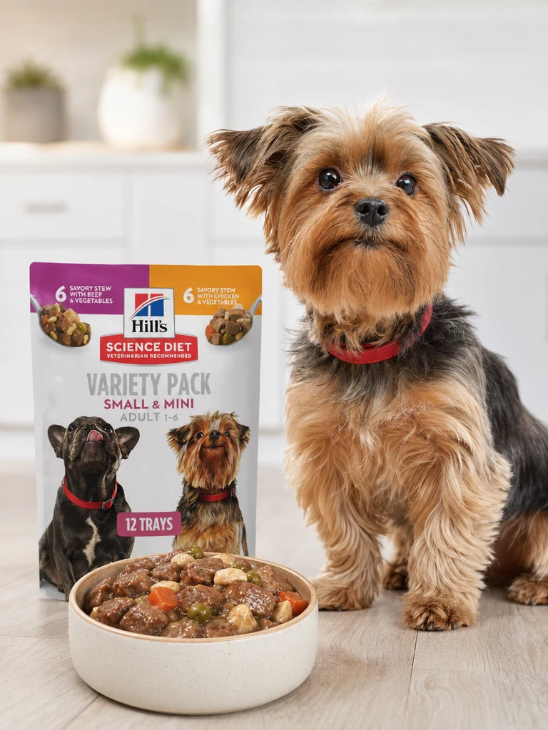 Sammy the Yorkshire Terrier with the Hill's Science Diet Small & Mini Variety (12-ct)