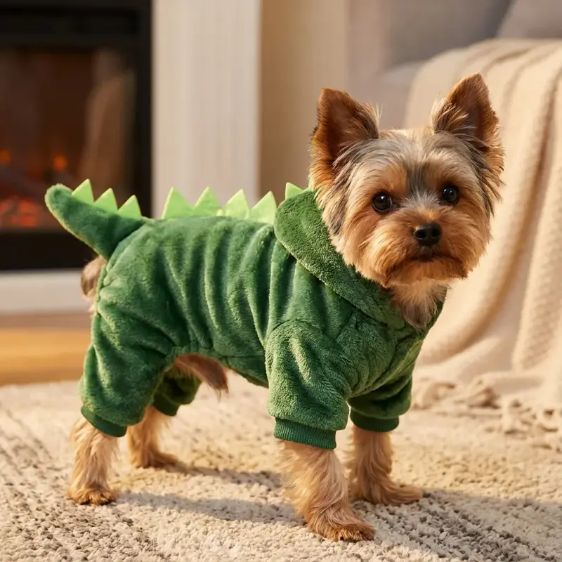 Sammy the Yorkshire Terrier with the Idepet Dinosaur Halloween Costume (Green)