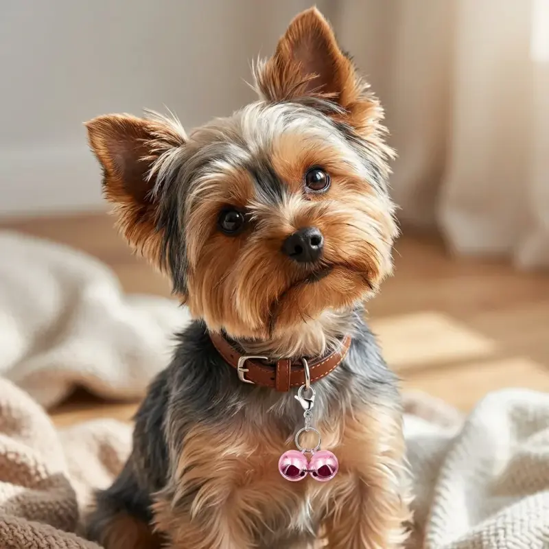 Sammy the Yorkshire Terrier with the IVIA PET Bell Charms & Tag Clips (4-set)