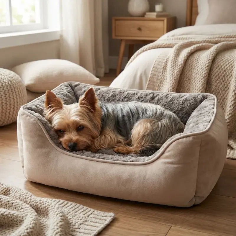 Sammy the Yorkshire Terrier with the JOEJOY Orthopedic Sofa Bed, Anti-Slip (Beige)