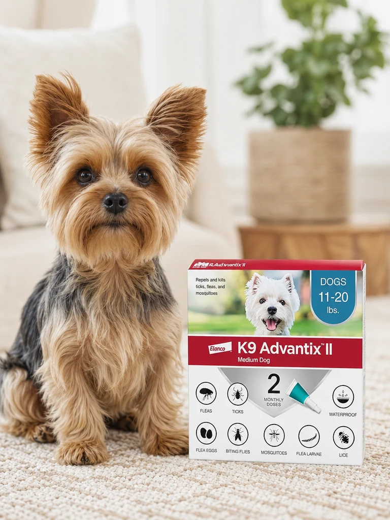 Sammy the Yorkshire Terrier wearing the K9 Advantix II Flea & Tick Treatment (2-Mo)