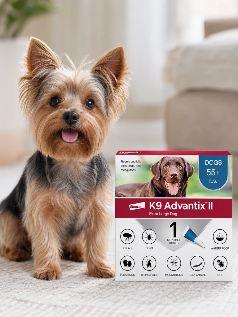 Sammy the Yorkshire Terrier wearing the K9 Advantix II XL Flea & Tick (1-Mo)