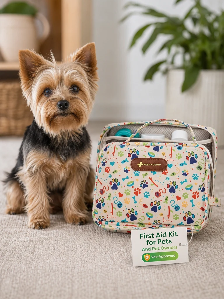 Sammy the Yorkshire Terrier with the KeepGoing Dog First Aid Kit (Travel)