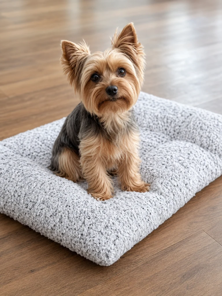 Sammy the Yorkshire Terrier with the KSIIA Washable Anti-Slip Crate Pad (35x23)