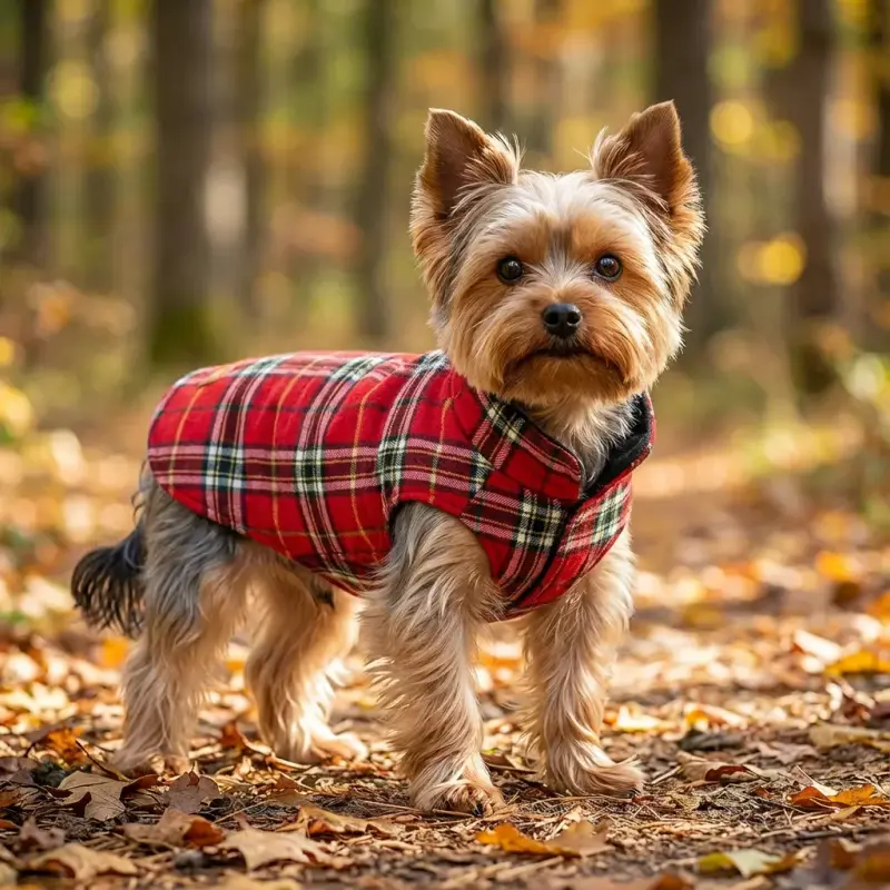 Sammy the Yorkshire Terrier with the Kuoser Reversible Waterproof Dog Coat (Red)