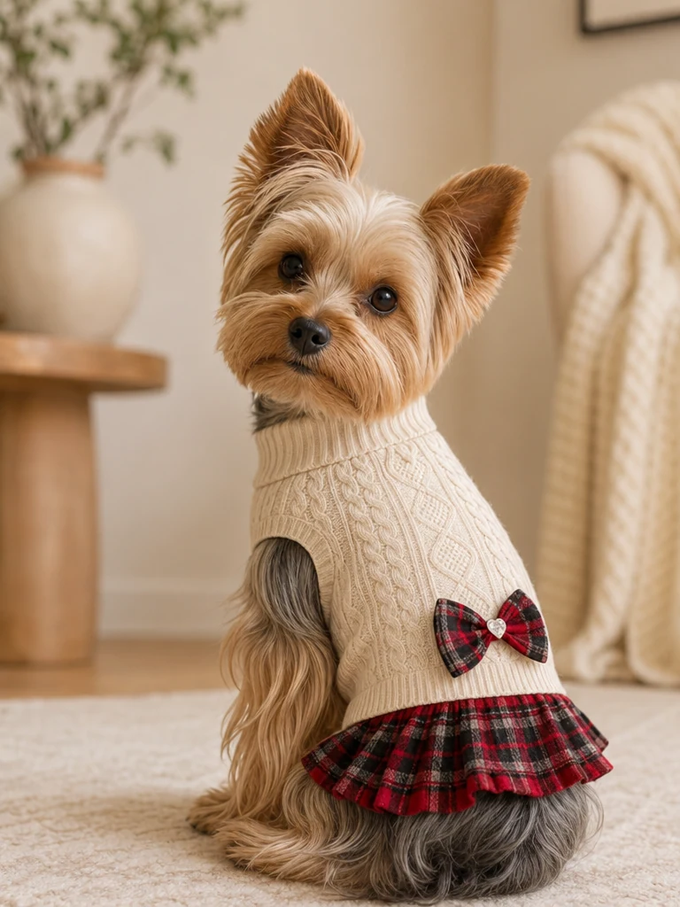 Sammy the Yorkshire Terrier with the KYEESE Turtleneck Knit Sweater Dress & Bowtie