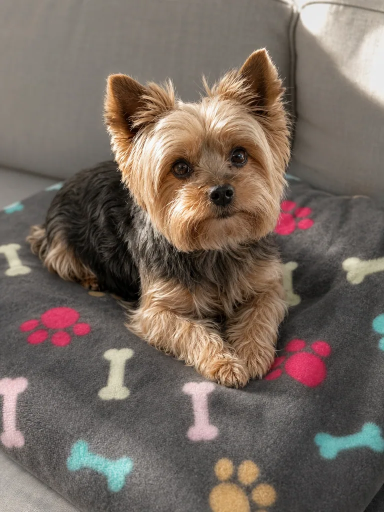 Sammy the Yorkshire Terrier with the Luciphia Flannel Paw Print Throw 3-Pack (S)