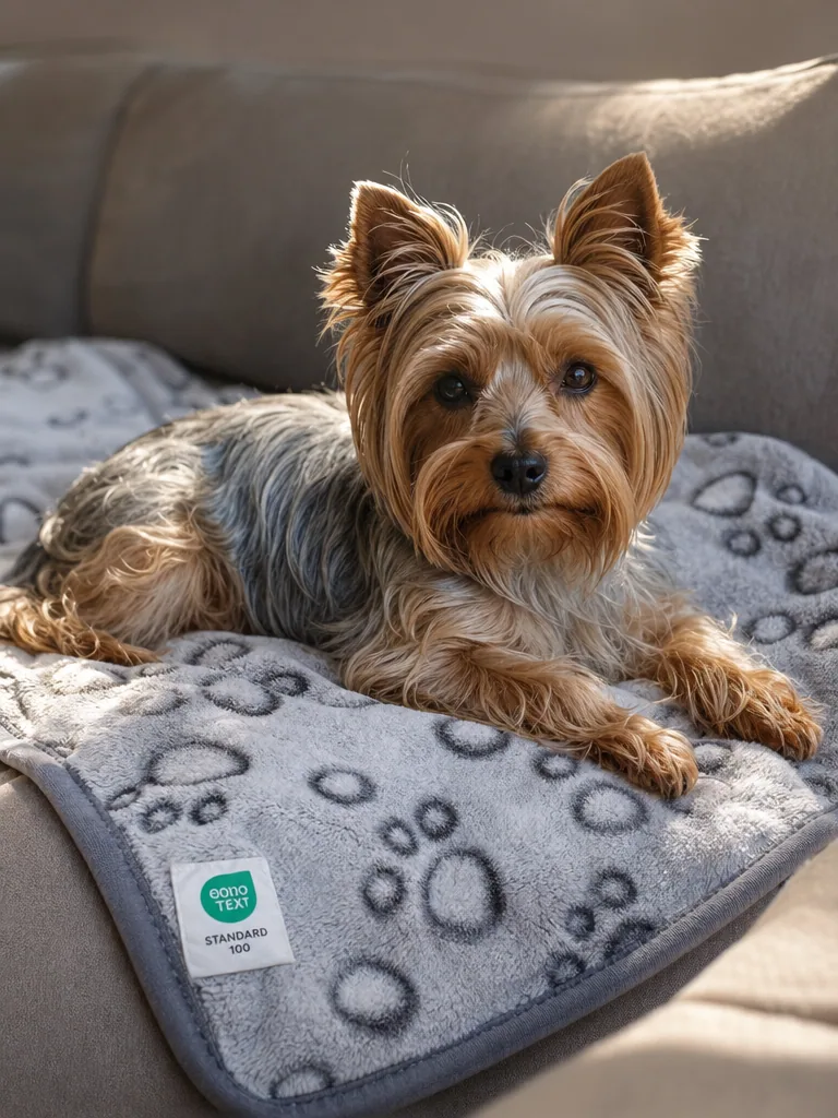 Sammy the Yorkshire Terrier with the Luciphia Fleece Paw Print Blanket (30"x20")