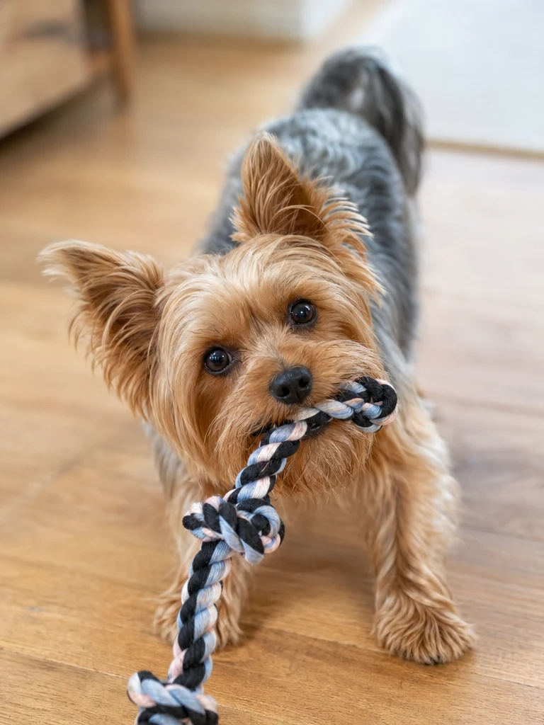 Sammy the Yorkshire Terrier with the Mammoth Flossy Chews 5-Knot Rope Tug (XL)