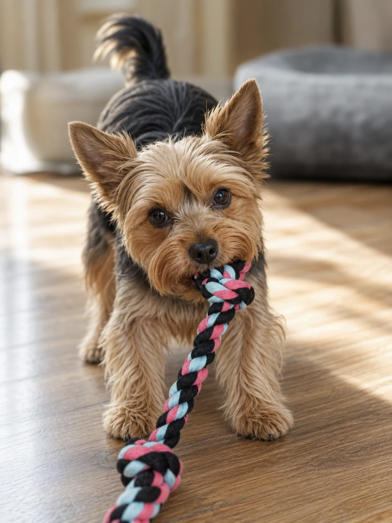 Sammy the Yorkshire Terrier with the Mammoth Flossy Chews Cotton-Poly Rope Tug Toy
