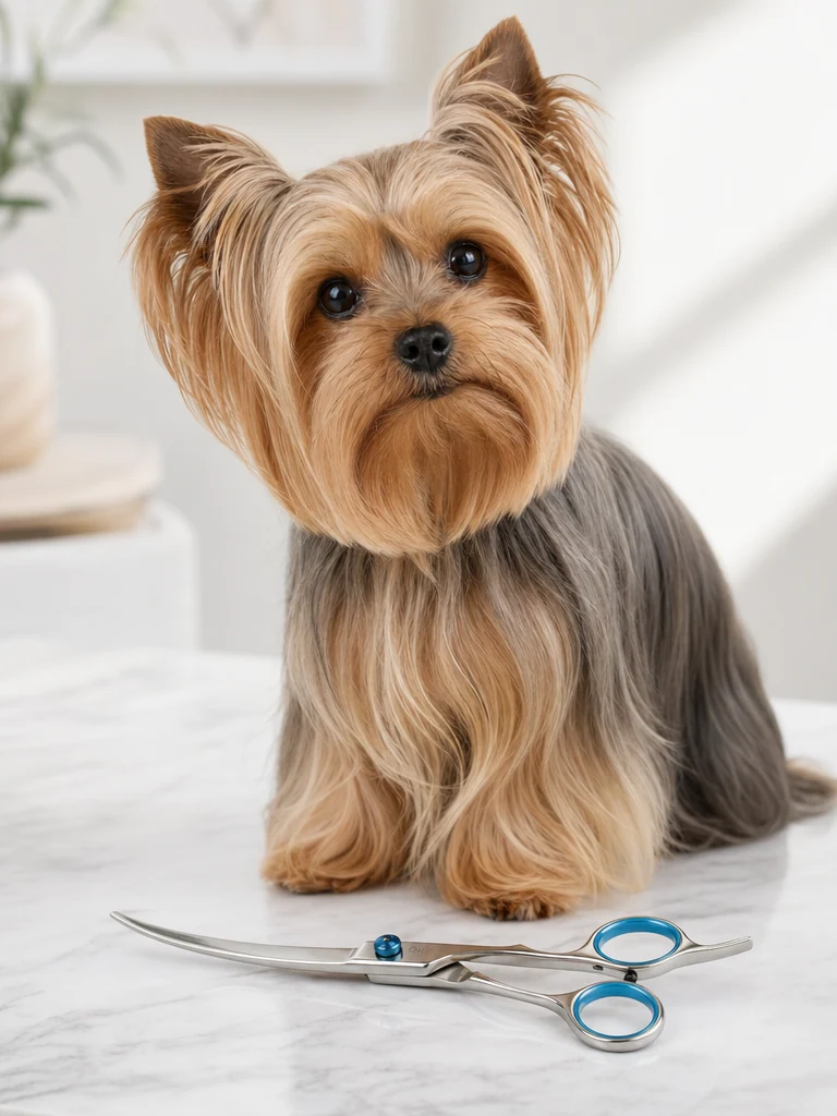 Sammy the Yorkshire Terrier with the Maxshop Titanium Grooming Scissors Set (3-pc)