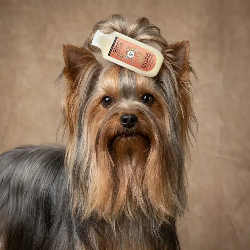 Sammy the Yorkshire Terrier with the Mrs. Meyer's Shampoo for Yorkies