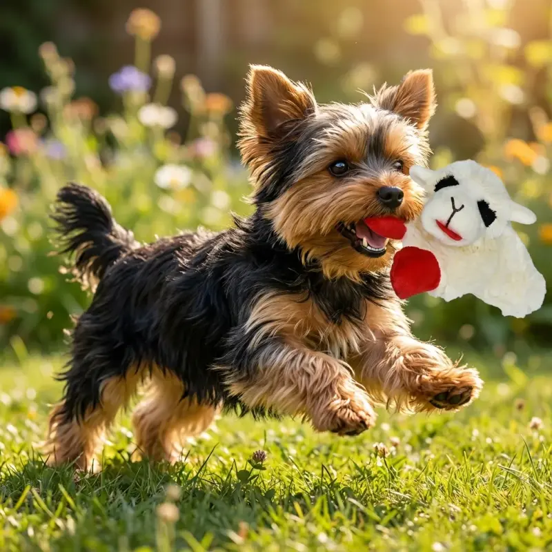 Sammy the Yorkshire Terrier with the Multipet Squeaky Soft Plush Toy for Yorkies