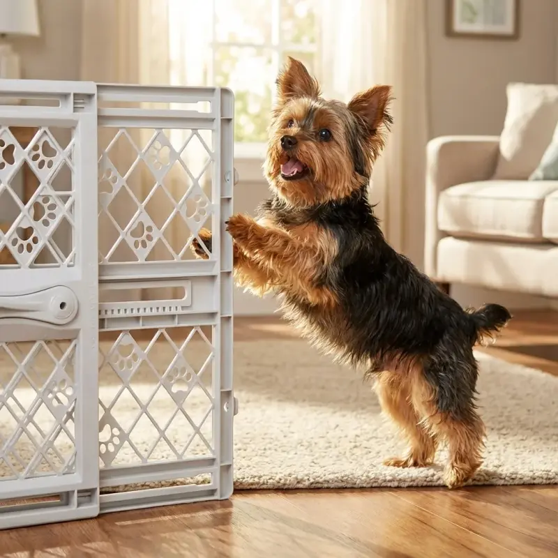 Sammy the Yorkshire Terrier with the MYPET Paws Portable Pressure Mount Gate (23")