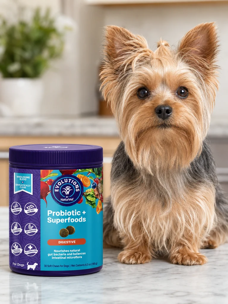 Sammy with the NaturVet Probiotic & Superfoods Chews (90-ct)